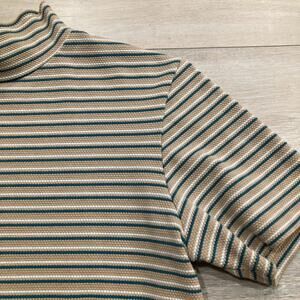 Late 90s/y2k mock neck short sleeve shirt striped in tan, teal, and white